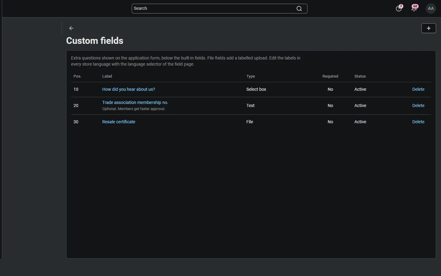 Custom fields list.