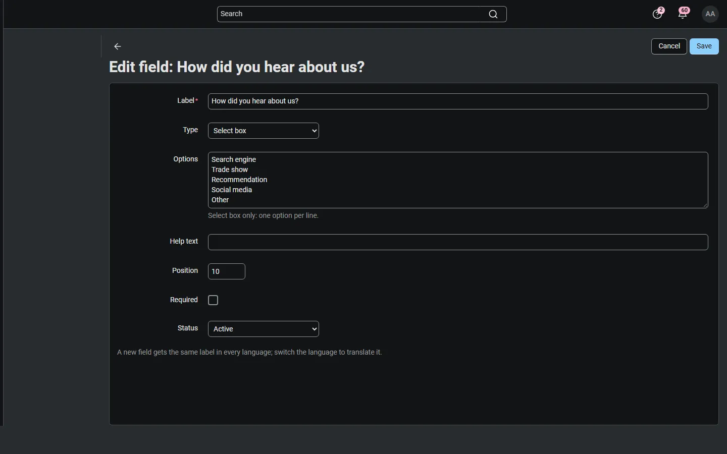 Editing a custom field (select box with options).