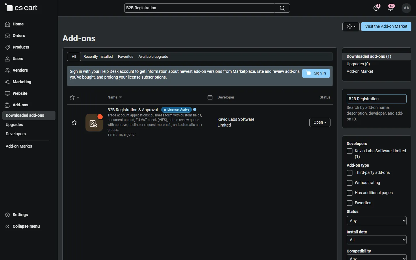 Admin, Downloaded add-ons searched for “B2B” (Multi-Vendor 4.21.2), with the add-on icon.