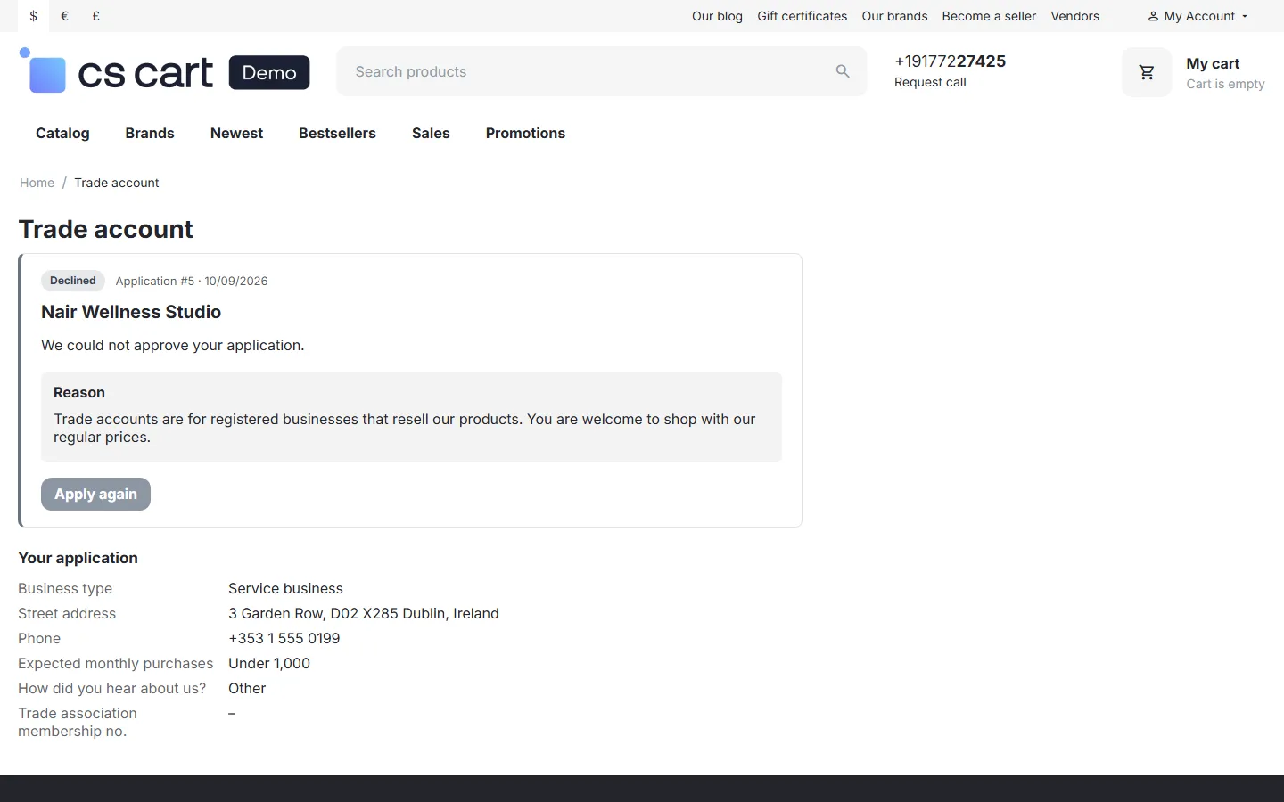 Trade account page: declined with the reason and Apply again.