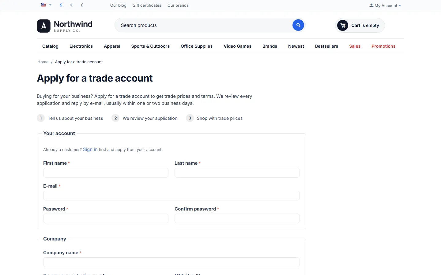 CS-Cart 4.17.2: the trade account form.