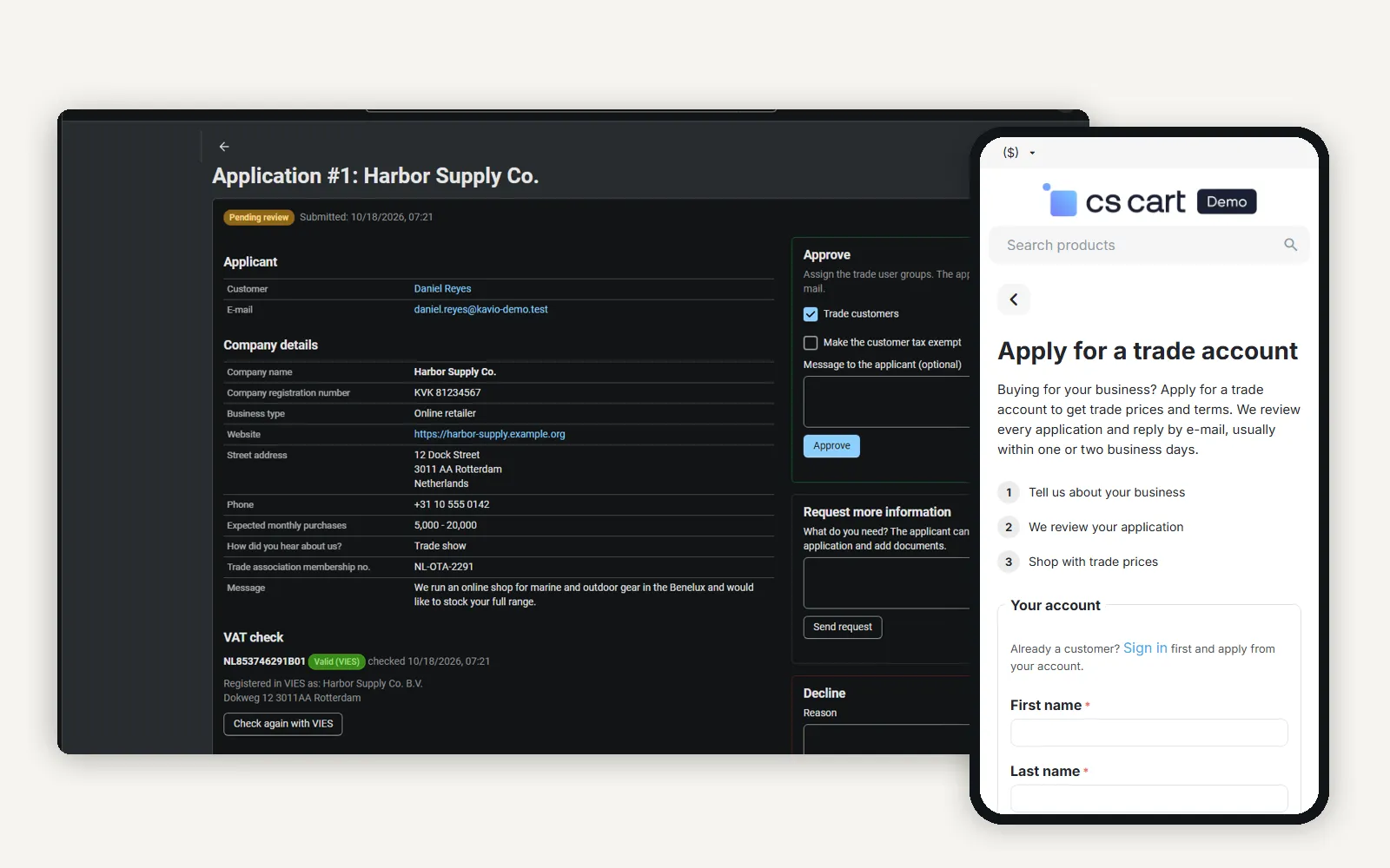 Admin application page with the VIES result next to the storefront trade account form on a phone.