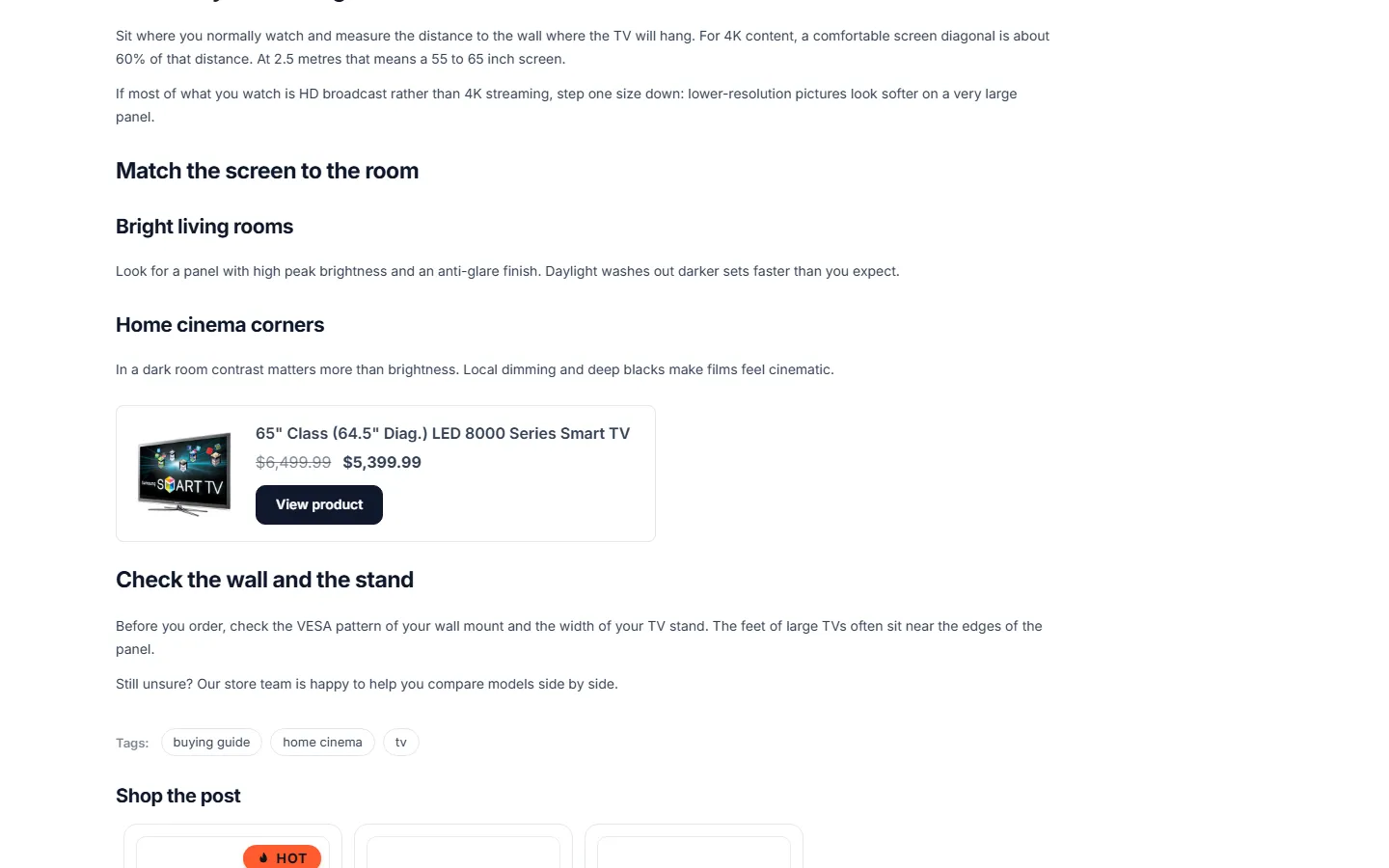 A product card inside the text (product id=N), tag chips and the start of “Shop the post”.
