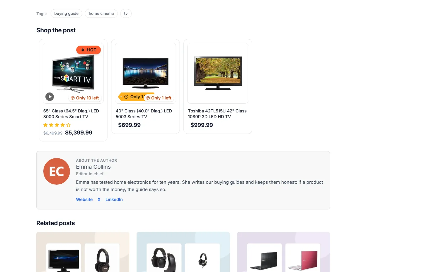 “Shop the post” product grid with prices and labels, then the author box.