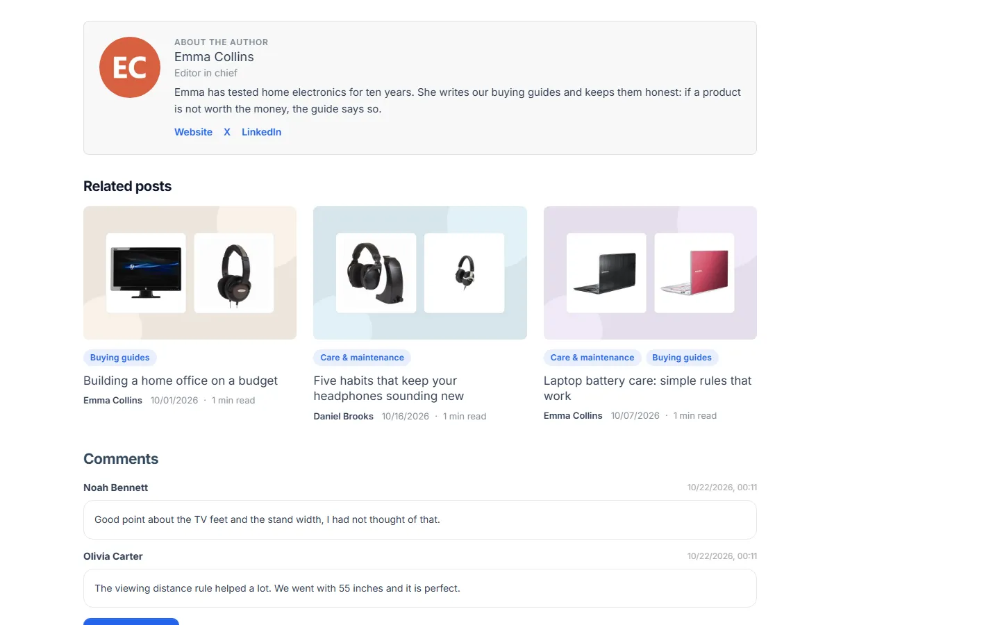 Author box, related posts (manual + automatic) and the core comments.
