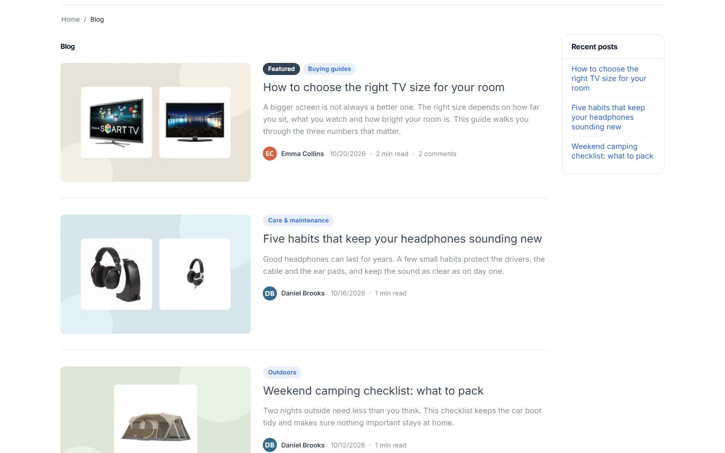 Blog page in the list layout: image, categories, featured label, excerpt and byline per card.