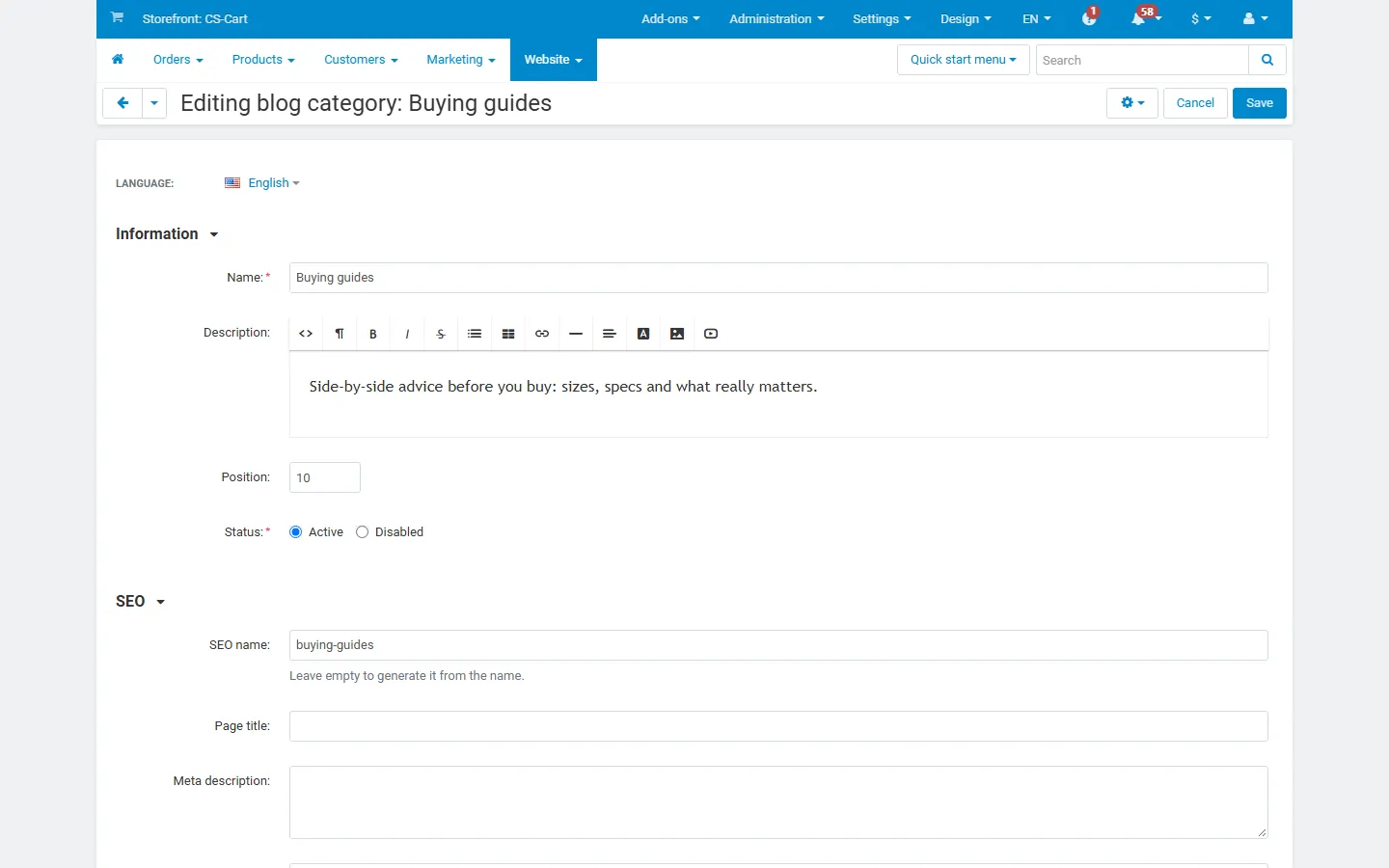 Editing a blog category: description, SEO name, page title, meta tags.