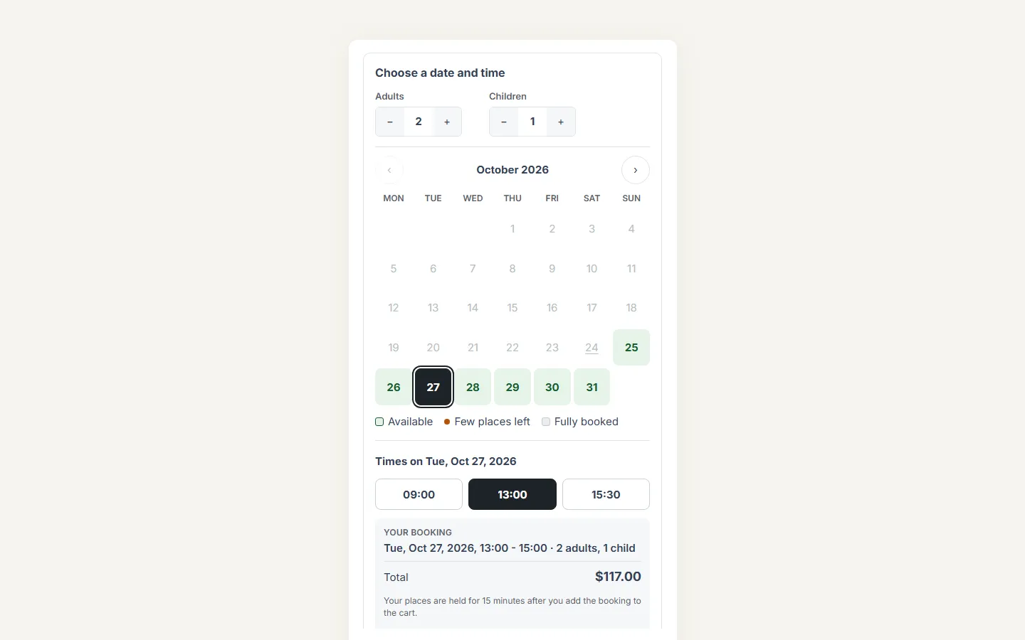 Time slots: calendar with free days, times with places left, booking summary.
