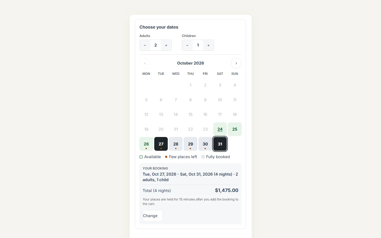 Date range: check-in and check-out, guests, total for the nights.