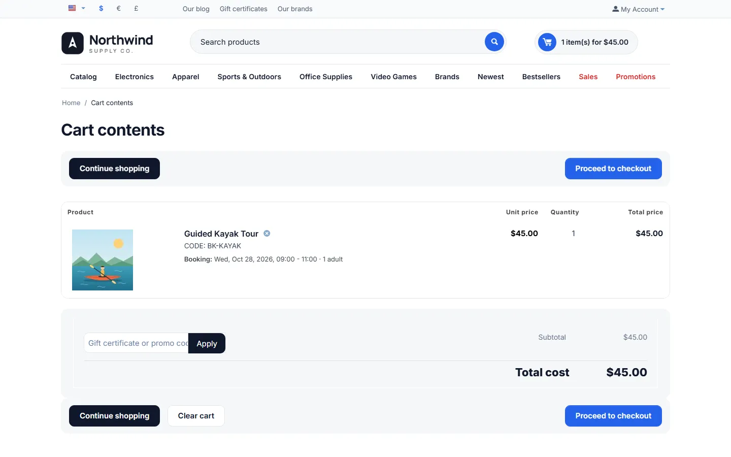 Cart: the booking under the product, quantity fixed to 1.