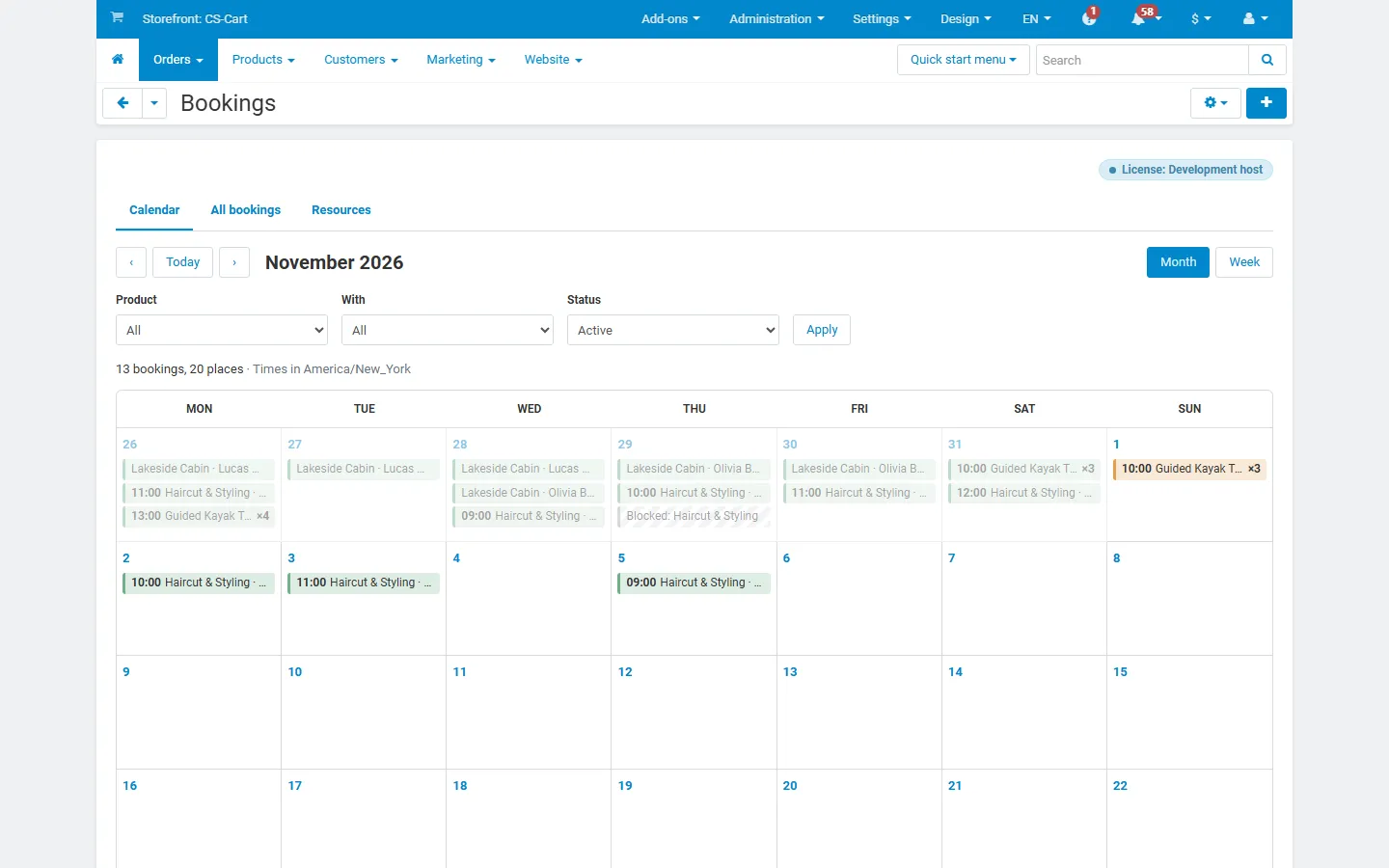 Orders > Bookings: month calendar colored by status.