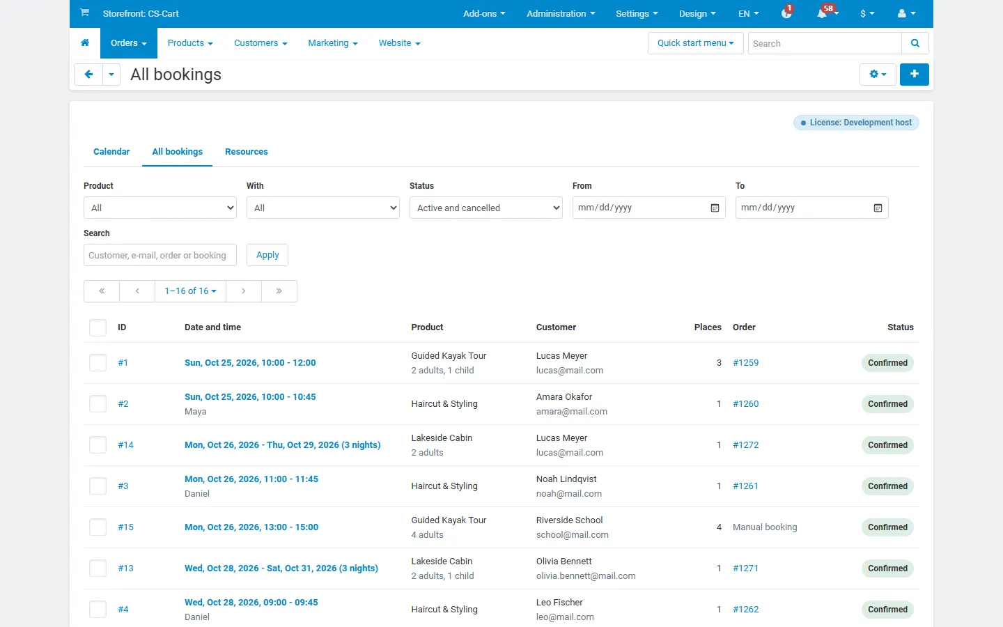 All bookings: filters, customers, places, orders, status.