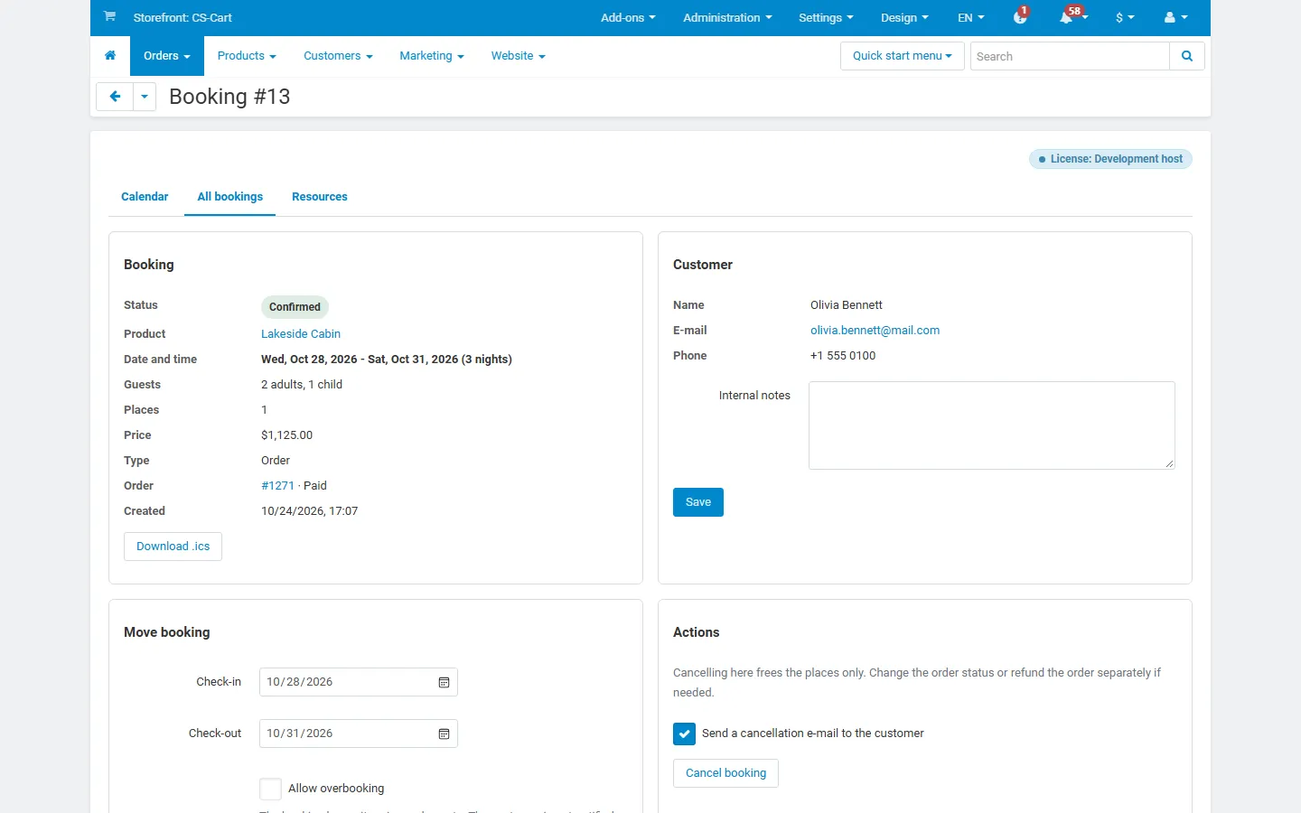 Booking page: details, customer, move booking, cancel.