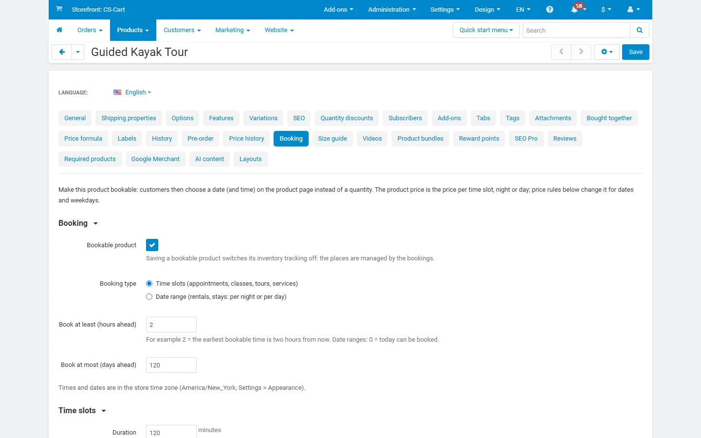 Product editor, Booking tab: time slots, hours, resources.