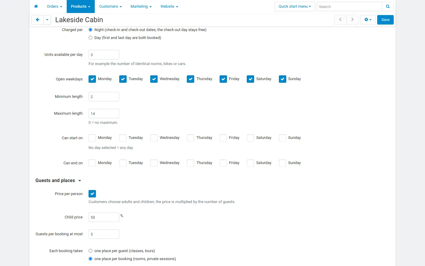 Booking tab for date ranges: nights, units, lengths, check-in days.