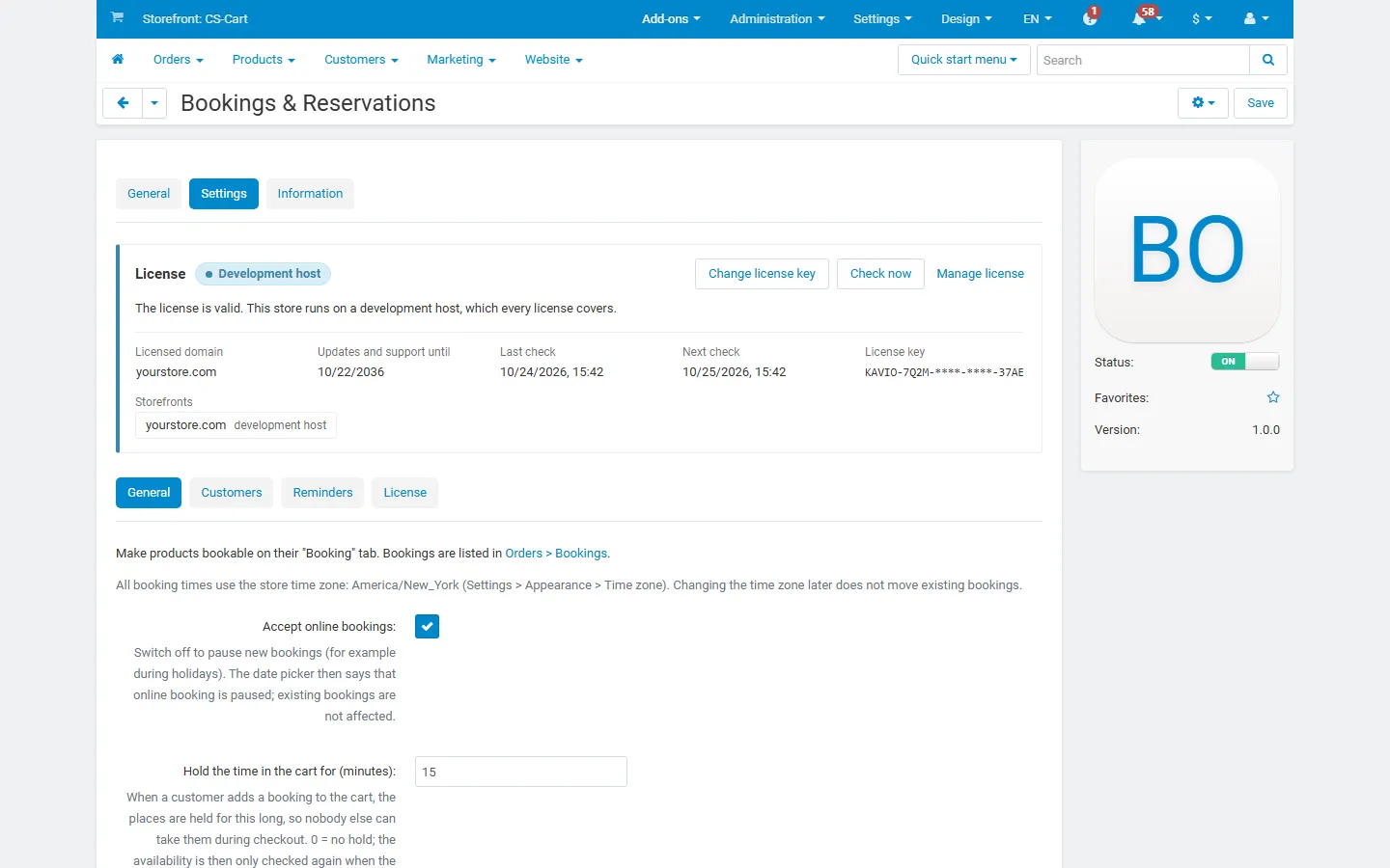 Add-on page with the license card and the general settings.
