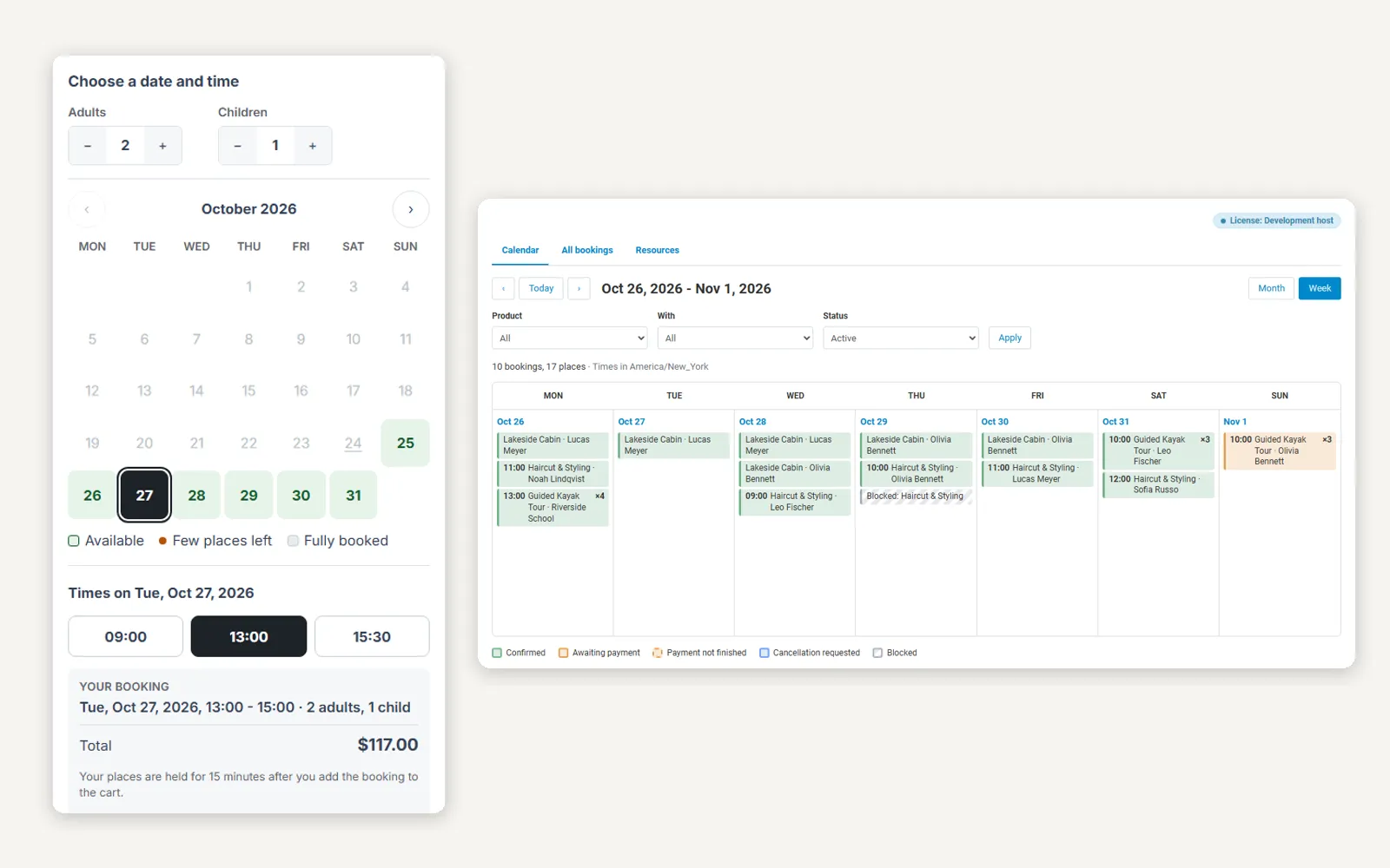 Product page: guests, a day and a time chosen, total and “Book now”.