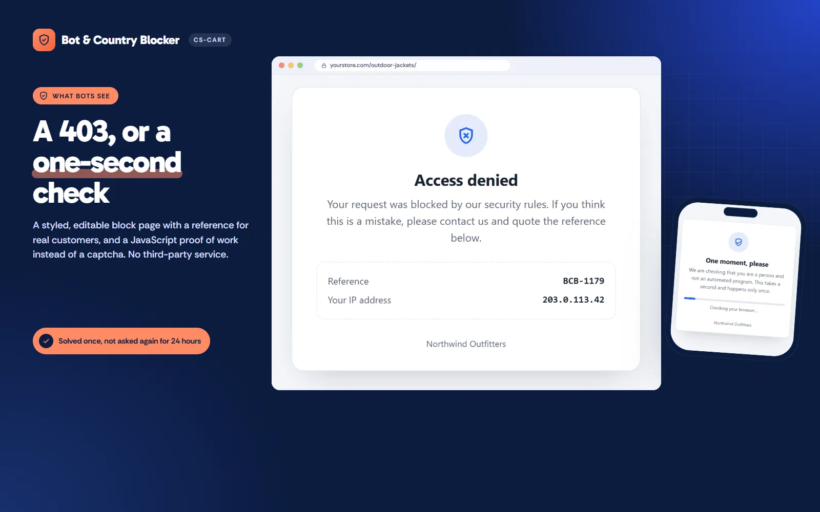 Block page (desktop) and the challenge page (phone).