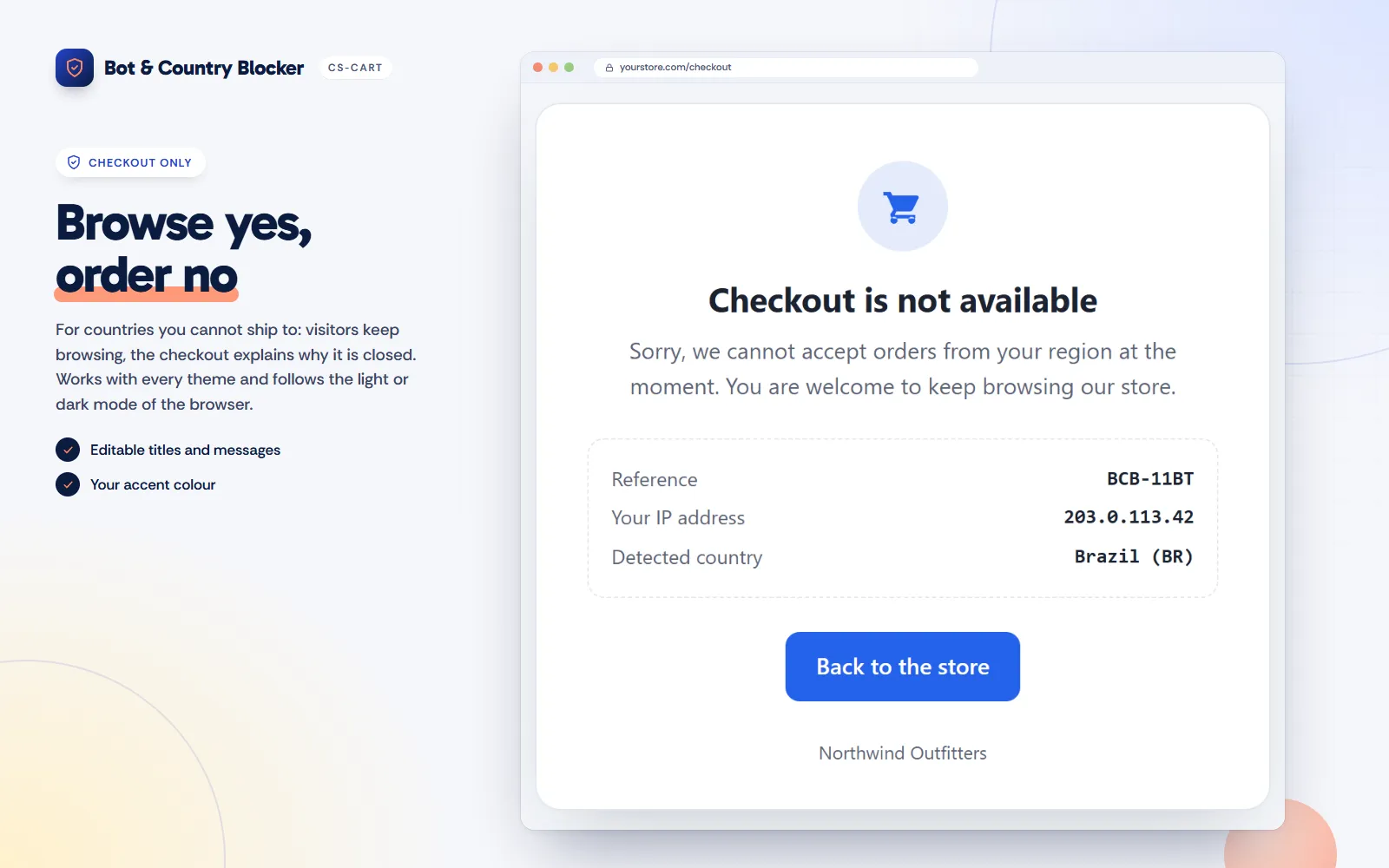 Checkout restriction page with reference, IP address and detected country.