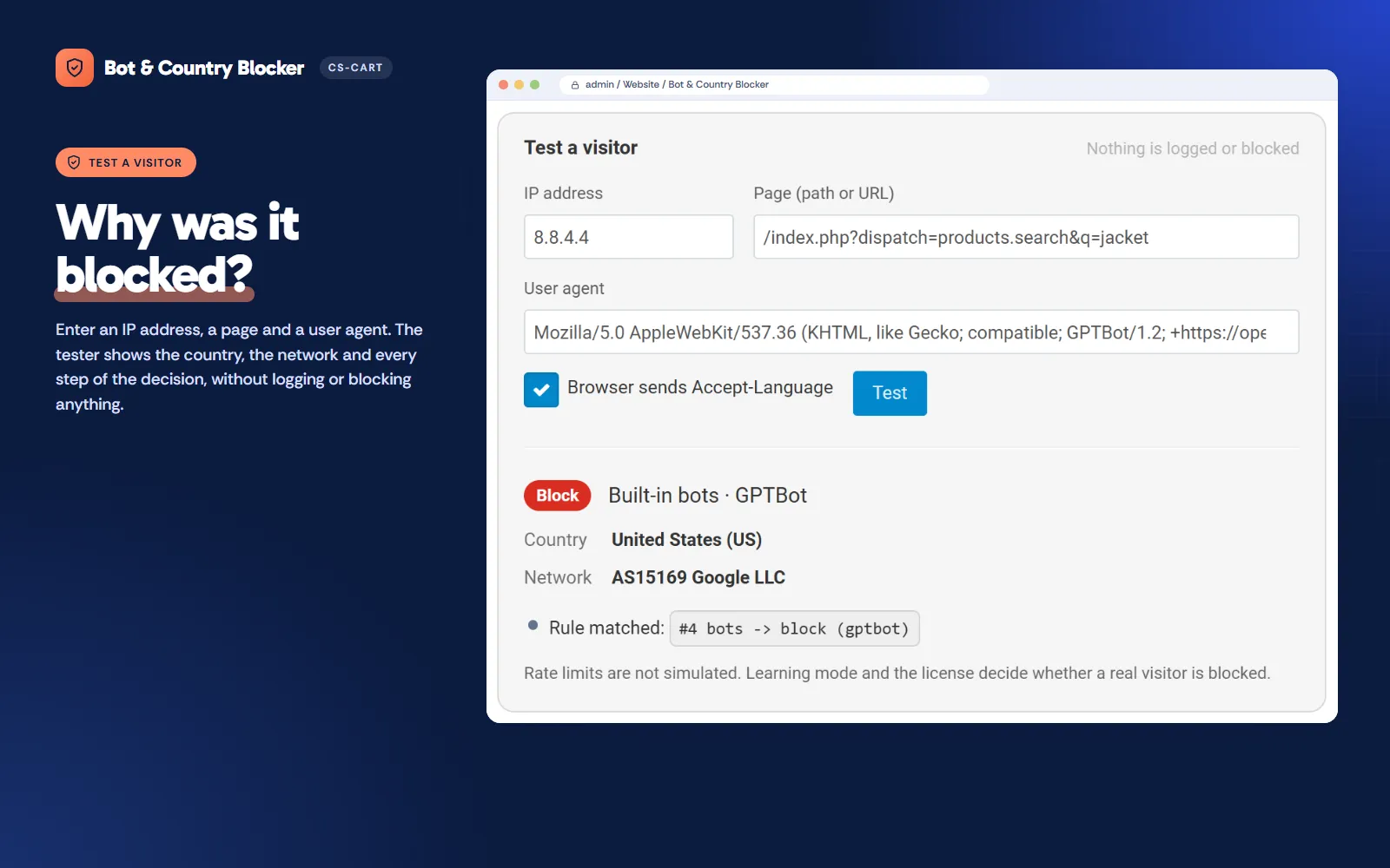 Tools: test a visitor (GPTBot from a Google IP) with the decision trace.