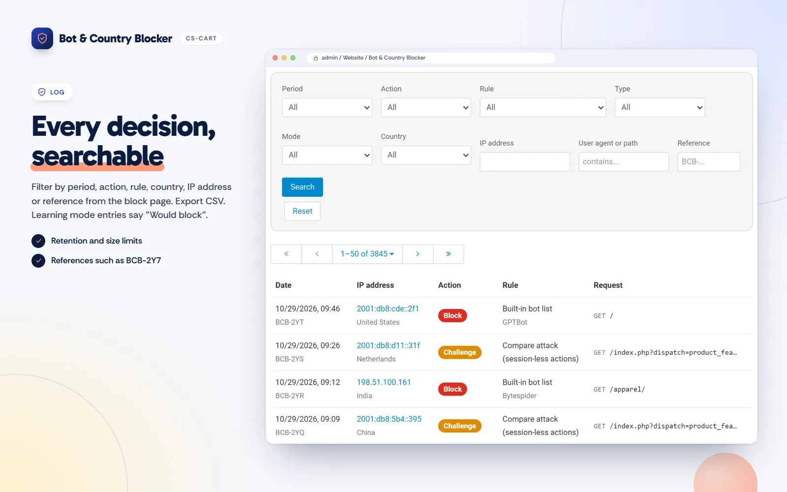 Log with filters, references and actions.