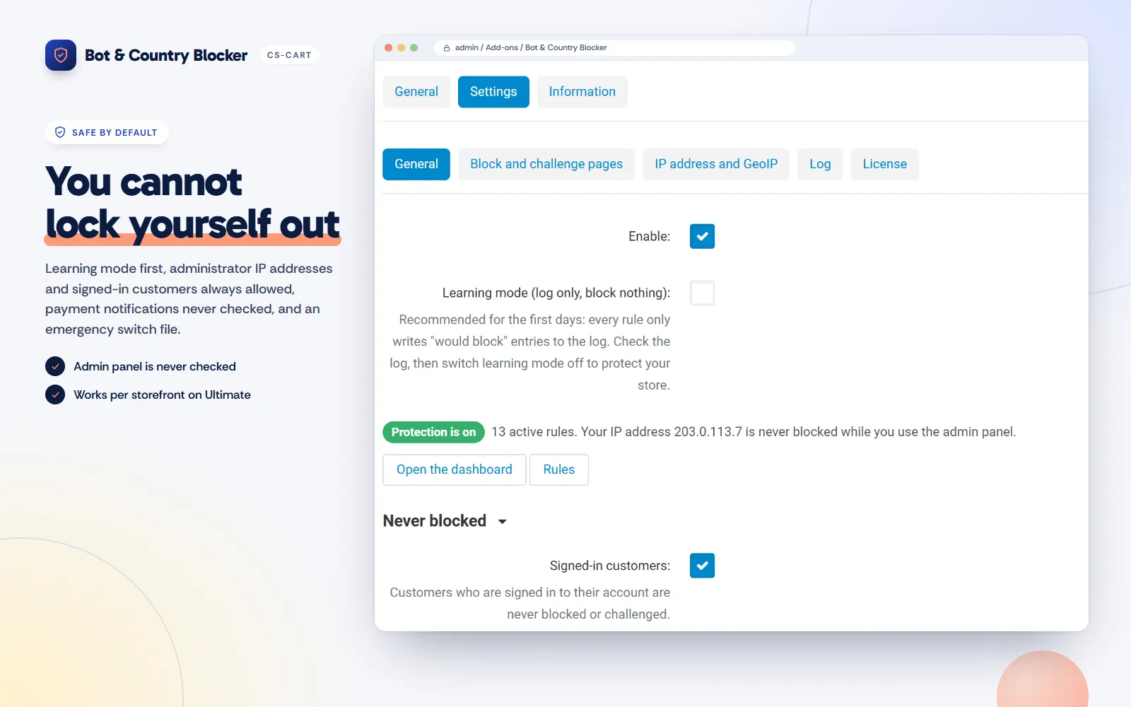 Add-on settings: learning mode, protection status and exemptions.