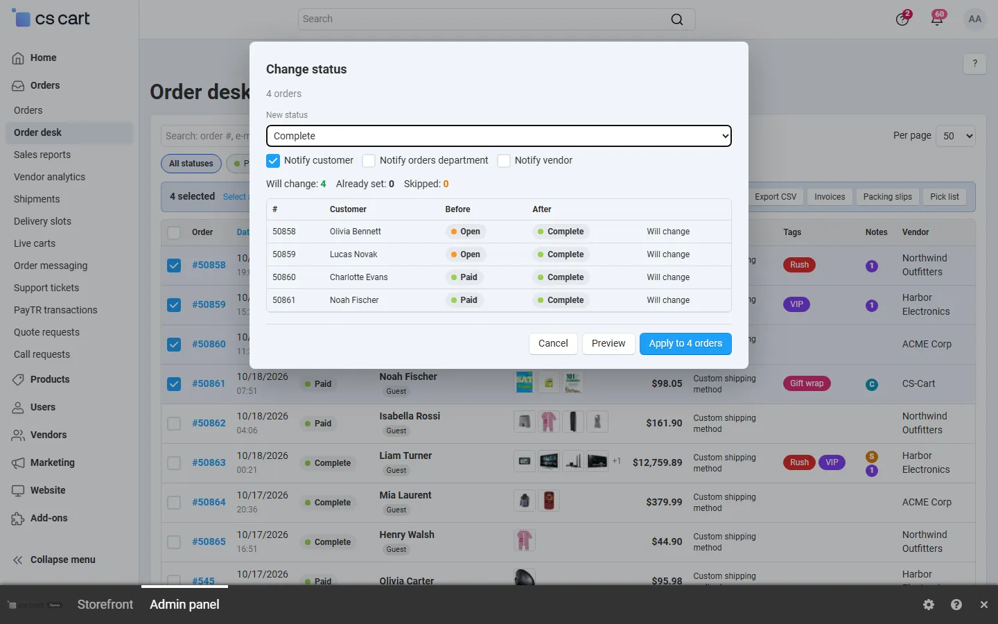 Bulk status change with preview