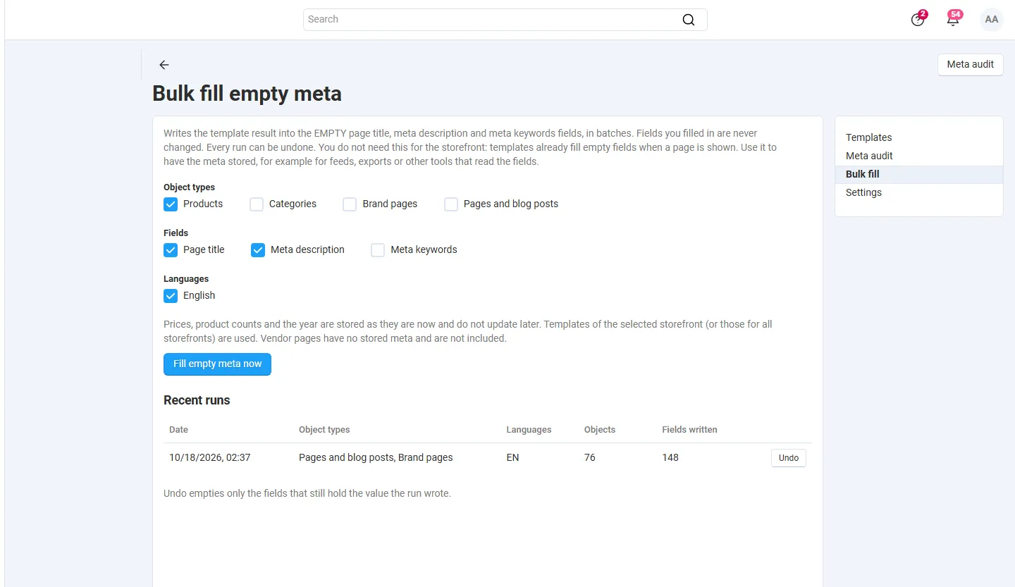 Bulk fill of empty meta with the run history and Undo.