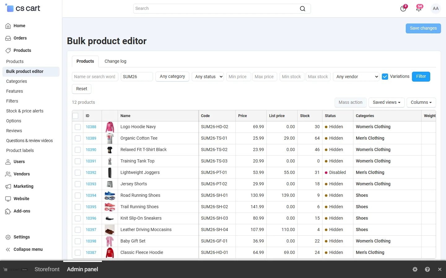 The grid filtered by code: image, name, code, prices, stock, status, categories, weight and a feature column; server-side paging.
