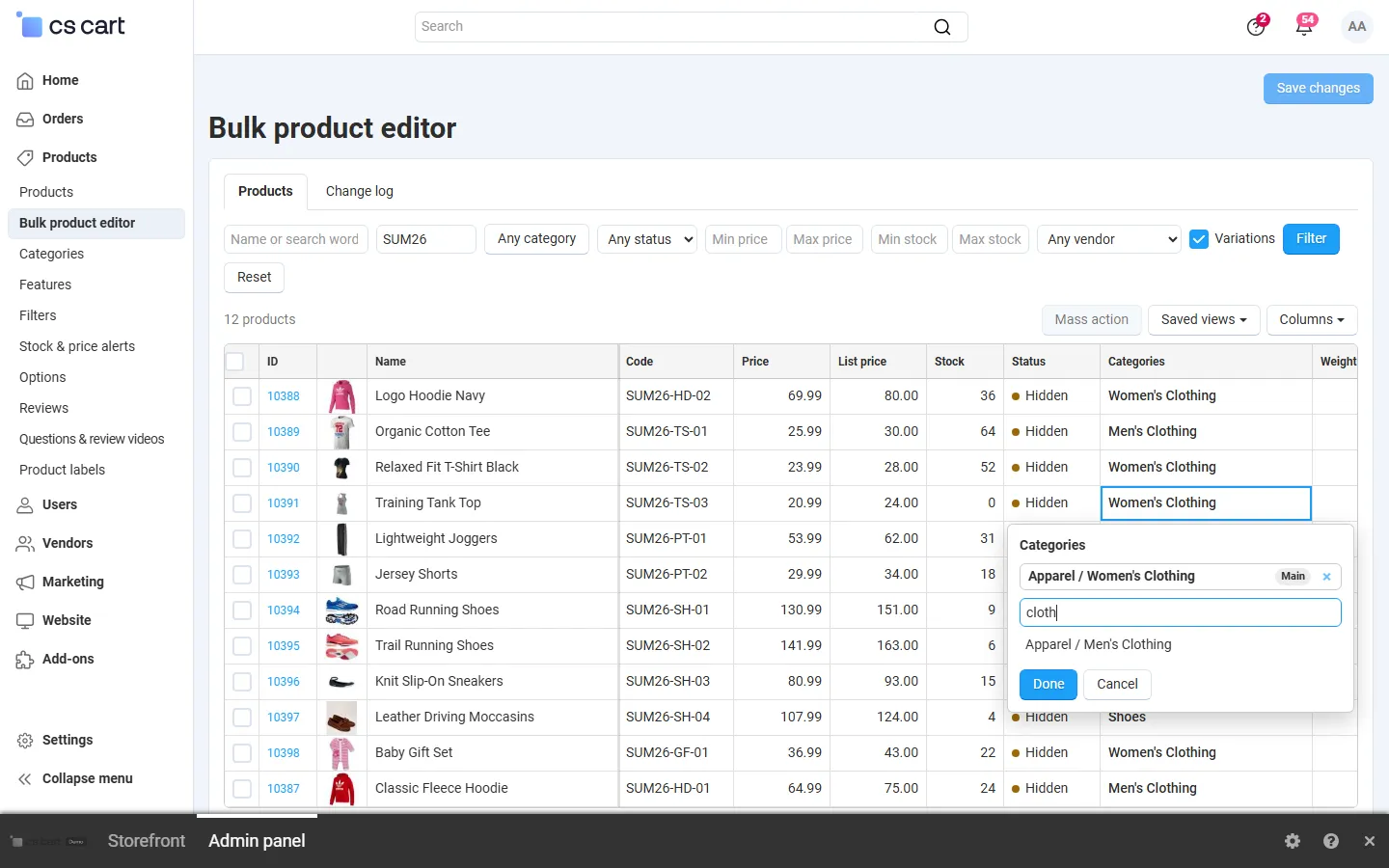 Categories editor of a cell: assigned categories with the main one, search to add more.