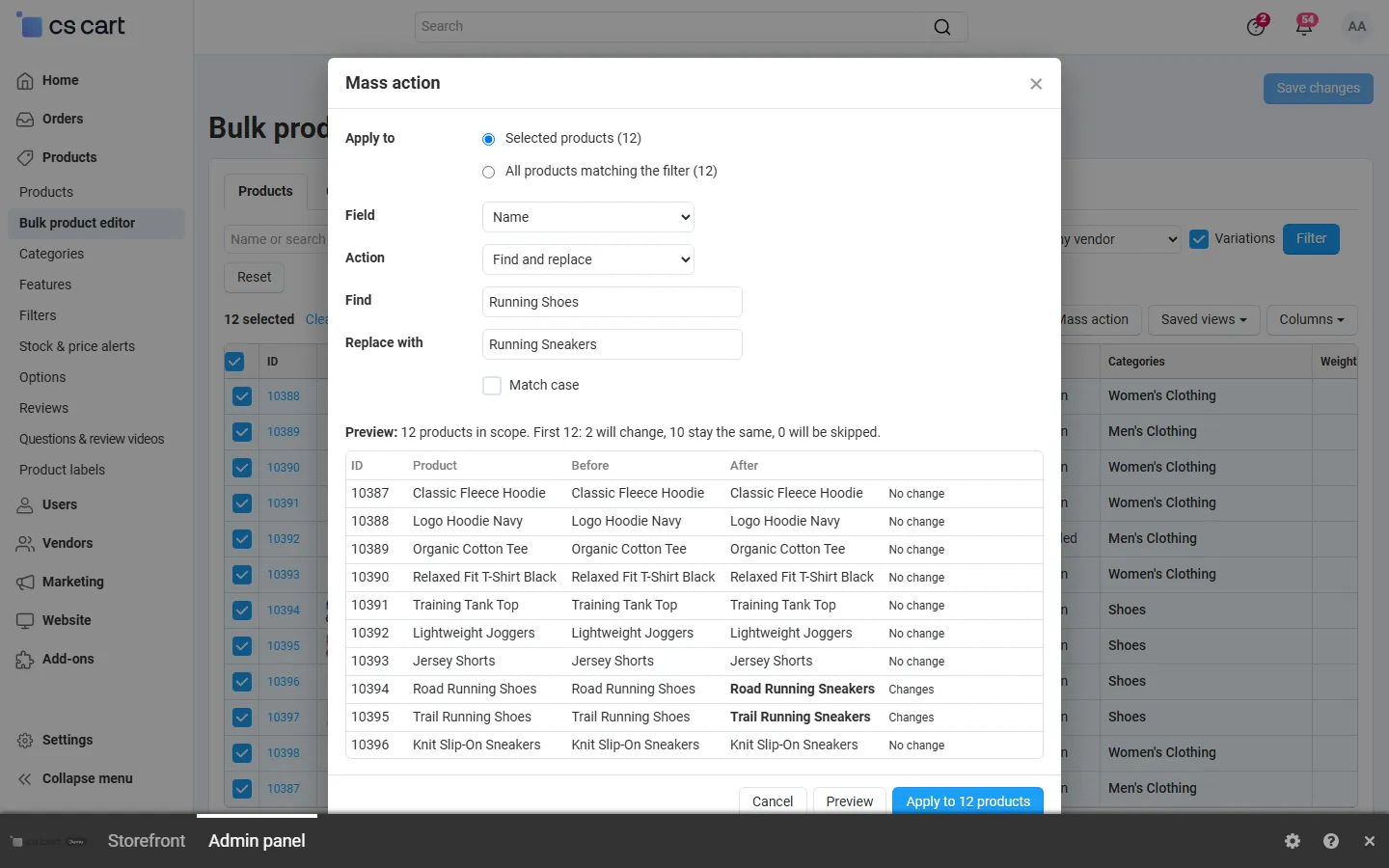 Find and replace in product names with the preview of the two names that change.