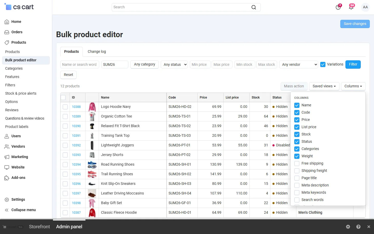 Column chooser: built-in fields and product features.