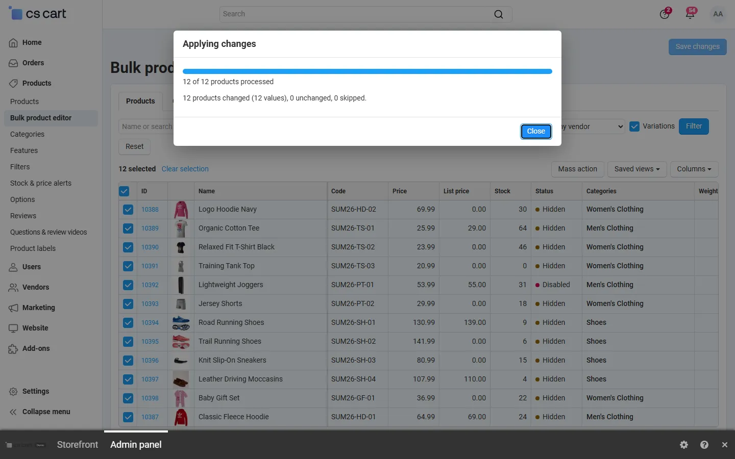 A mass action finished: progress and the result summary (applied in steps, any number of products).