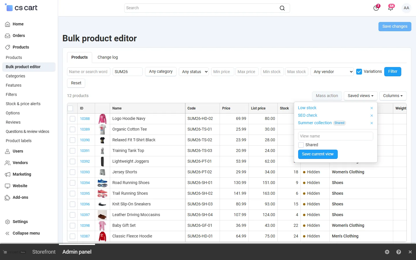 Saved views: filters, columns and page size by name; a view shared with the other administrators.