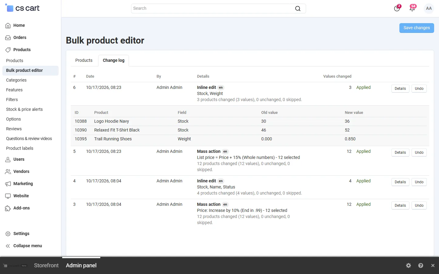 Change log: inline edits and mass actions with who, when and what, cell details with old and new values, Undo per entry.