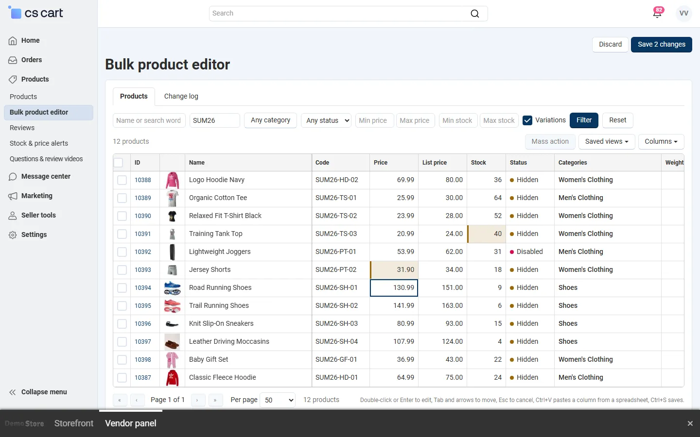 Vendor panel (Multi-Vendor): a vendor edits only their own products.
