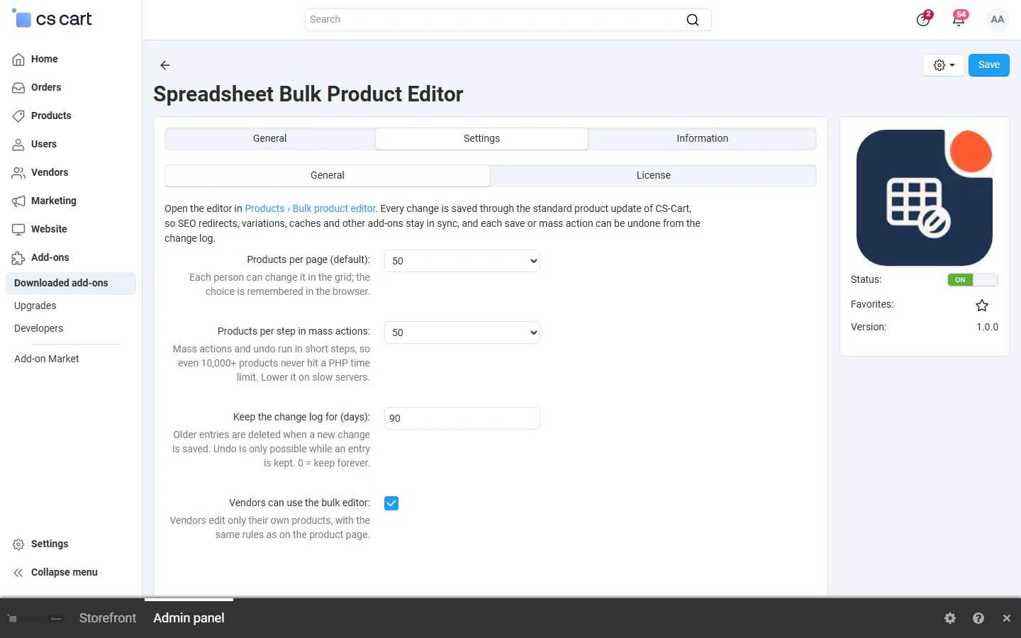 Add-on settings: default page size, products per step, change log retention, vendor access.