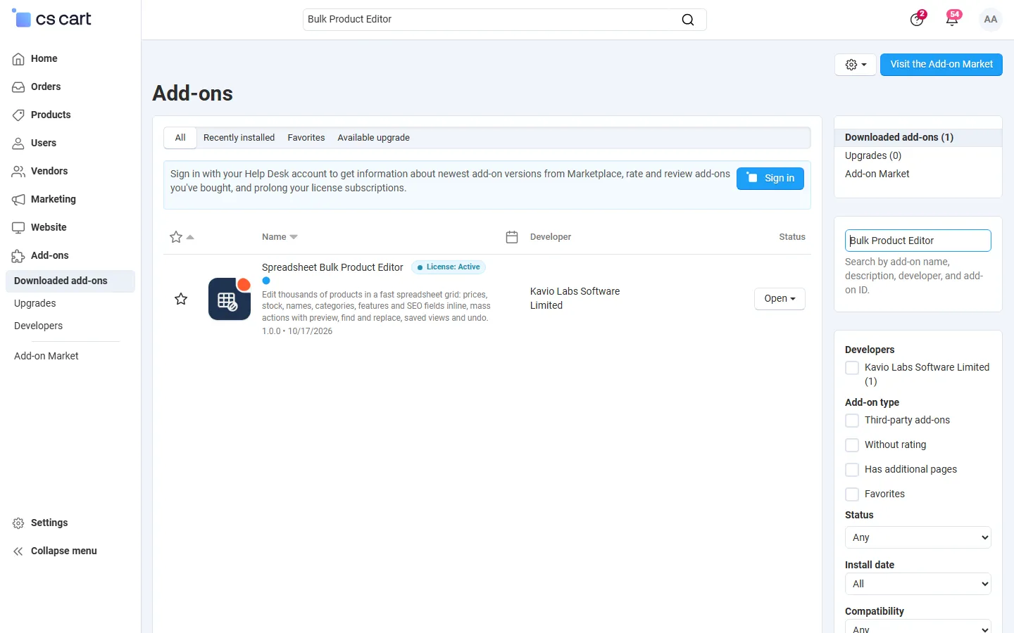 Admin, Downloaded add-ons searched for the add-on (Multi-Vendor 4.21.2). Text badge until the integration step adds the icon.