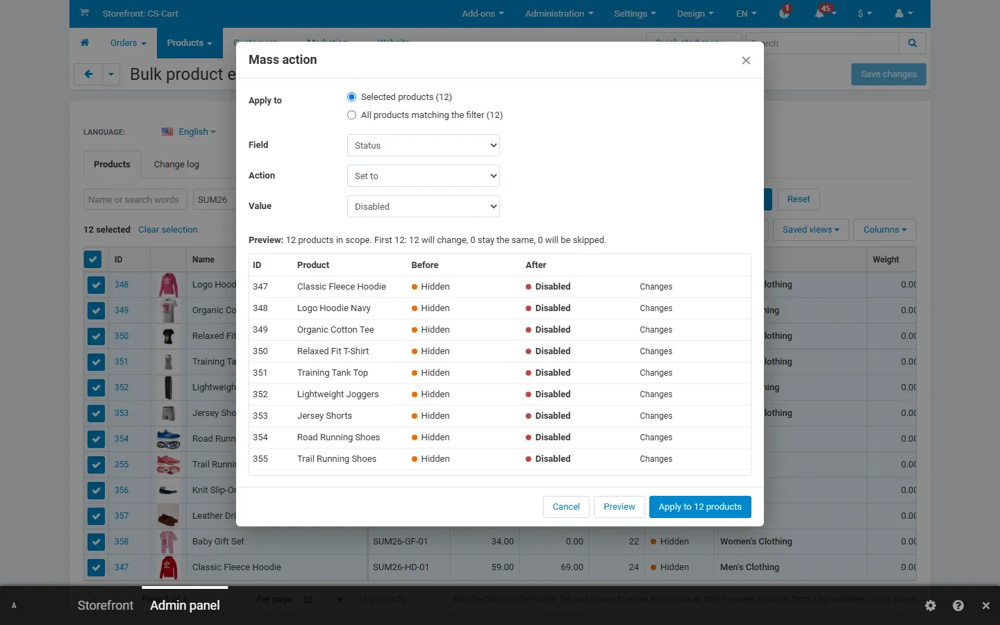 CS-Cart 4.17.2 back office: mass action “Status: set to Disabled” with preview.