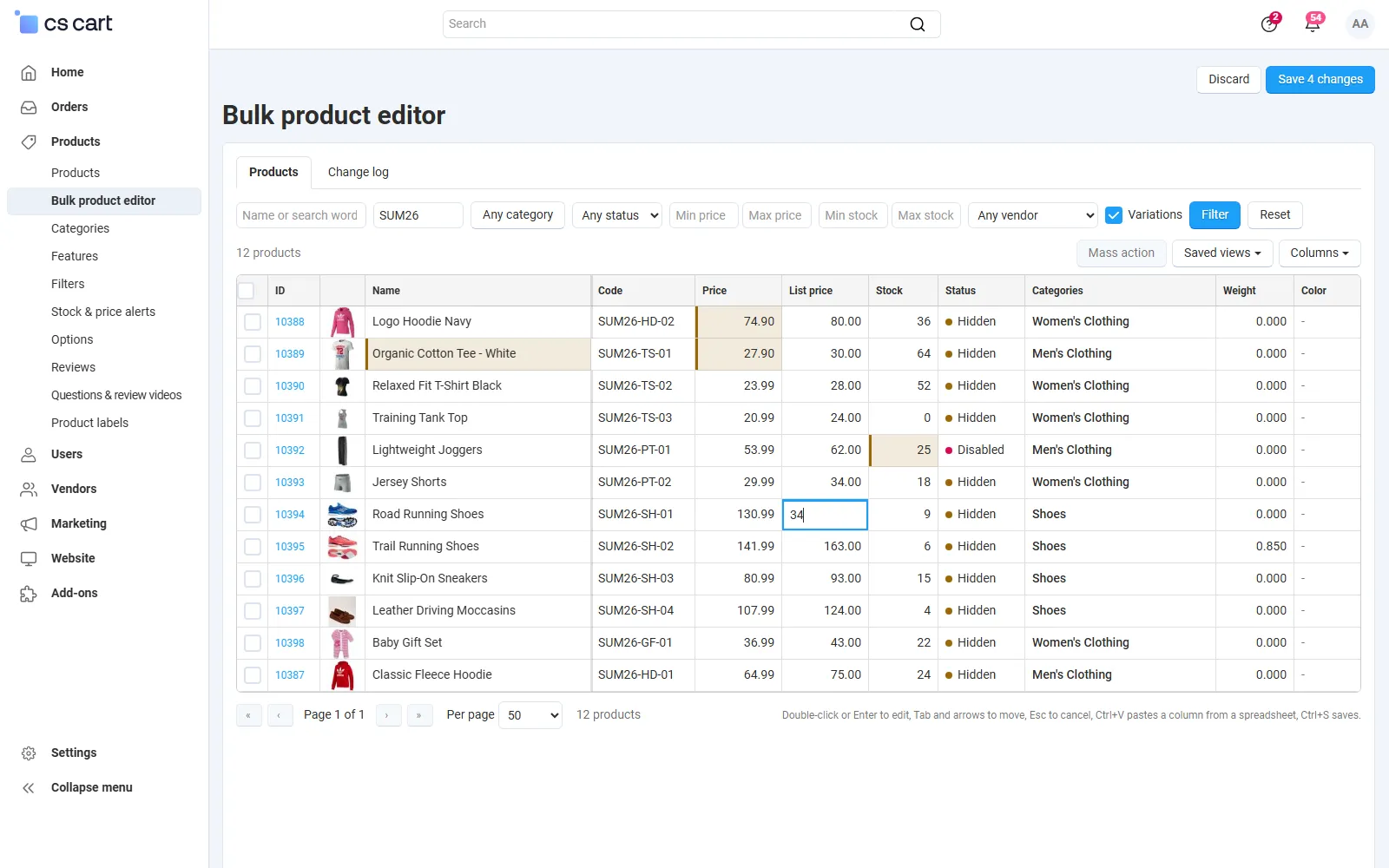 Products > Bulk product editor: the grid with four unsaved changes highlighted and a list price being typed.