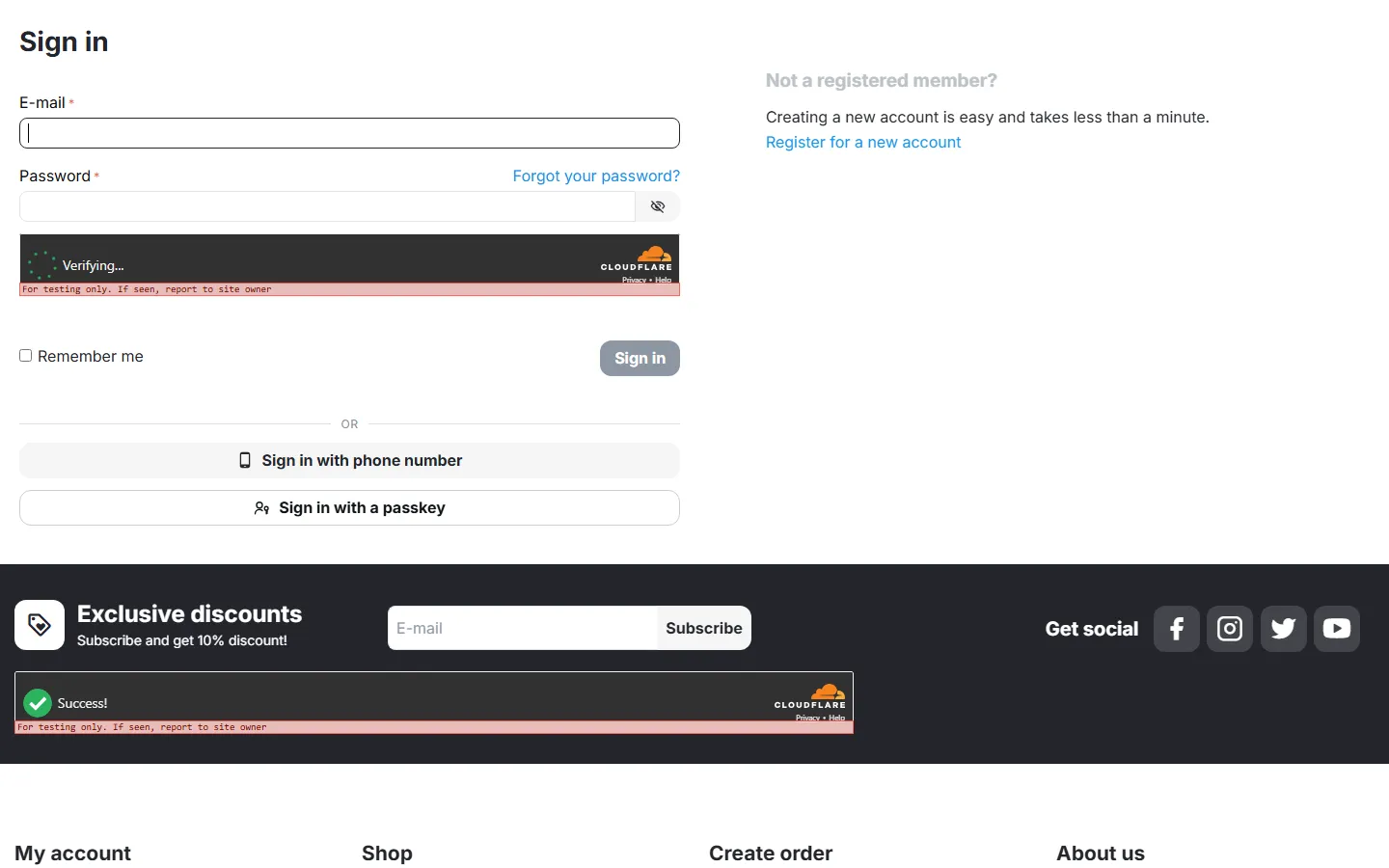 Cloudflare Turnstile on the sign-in form and the footer newsletter form (test keys).
