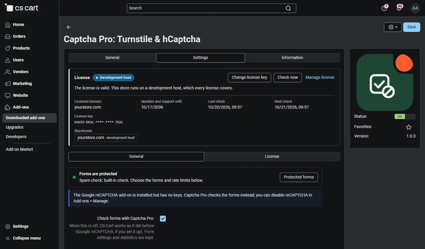 Add-on settings with the licence card and the status line.