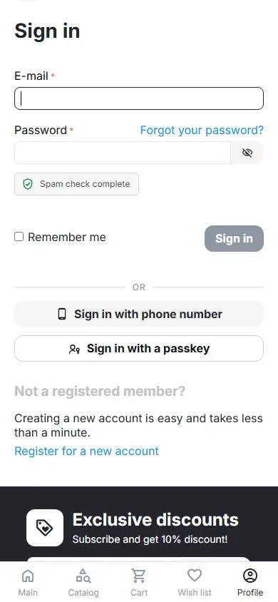 Mobile sign-in with the built-in check (390 px).