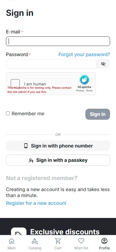 Mobile sign-in with hCaptcha (390 px).