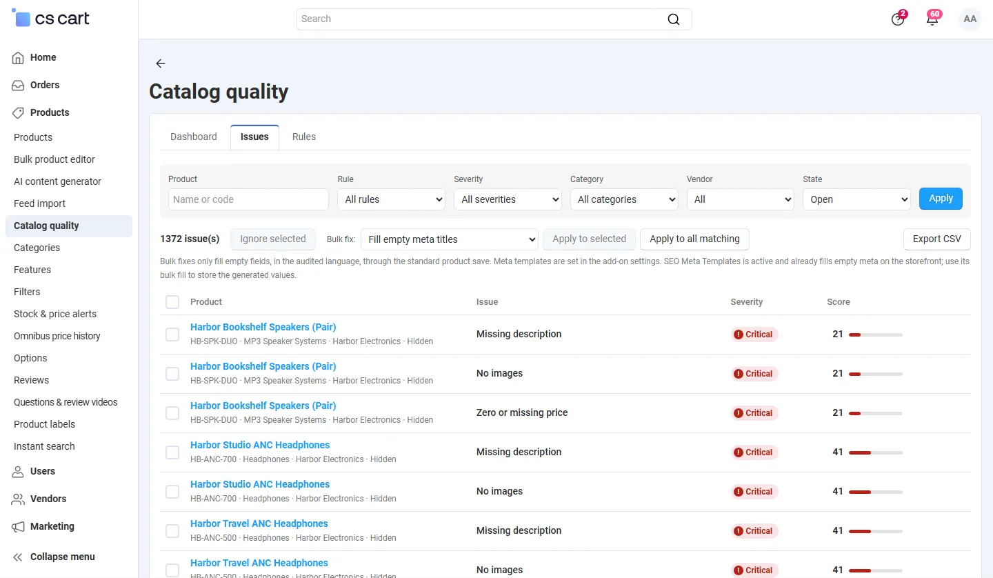 Issue list: filters, bulk fix bar, critical issues first with the product score.