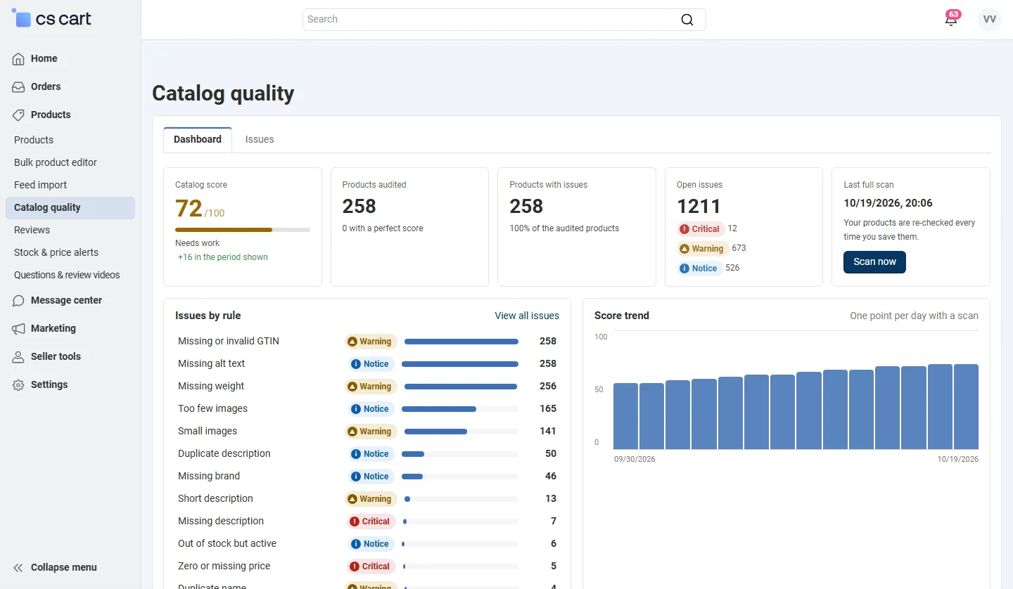 Vendor panel: the vendor’s own score and issues.