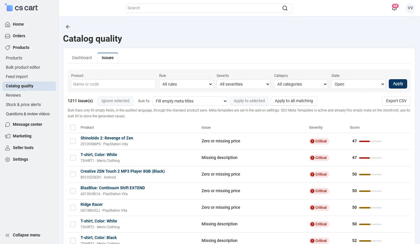 Vendor panel issue list (no vendor filter, no Rules tab).