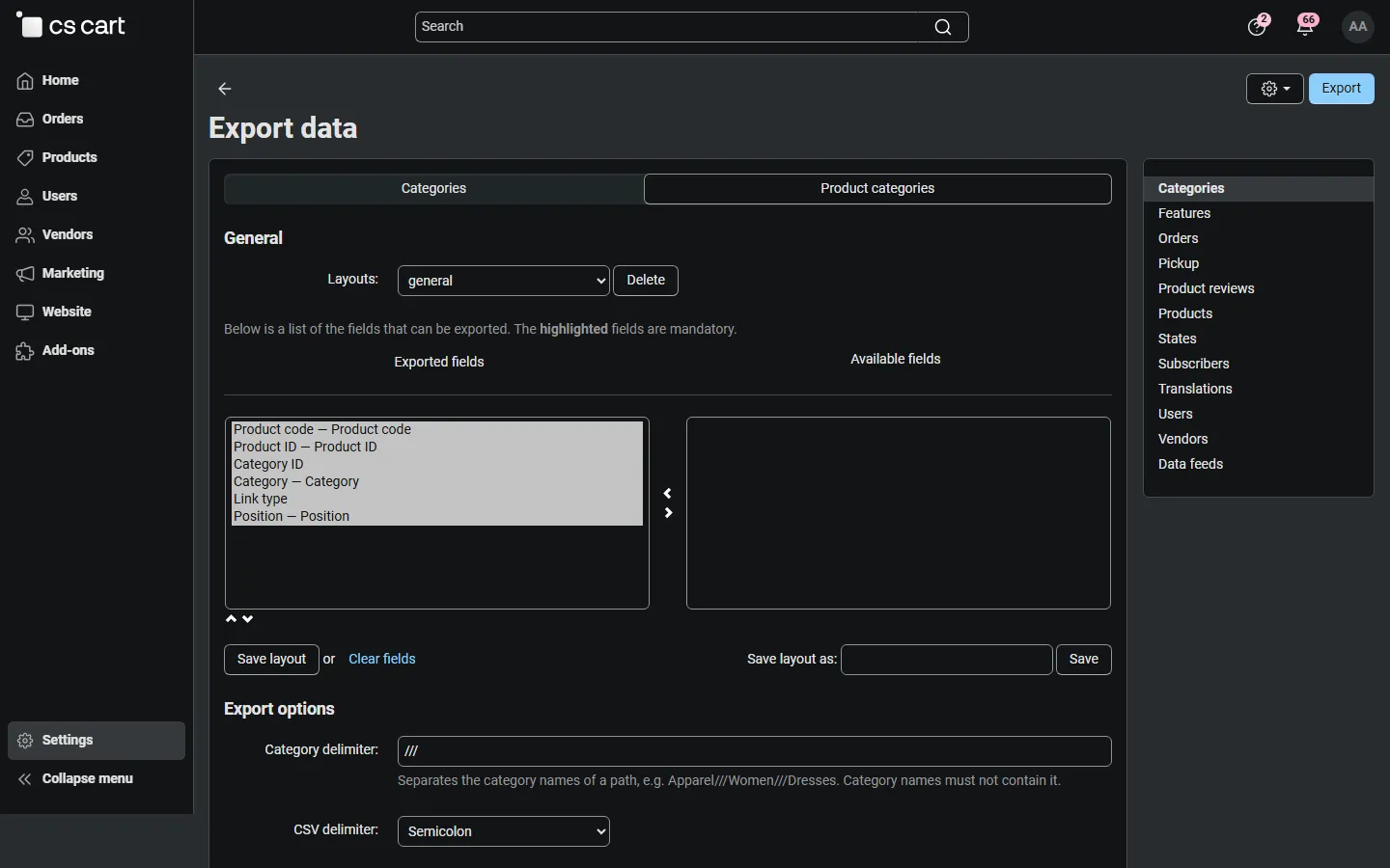 Export data > Product categories: product code, category path, link type and position.