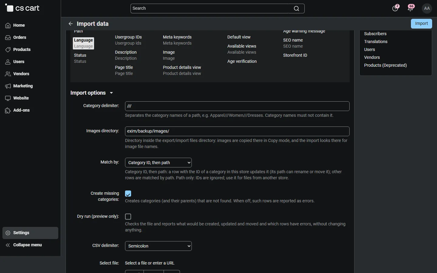 Import data > Categories: match by ID or path, create missing categories, dry run.