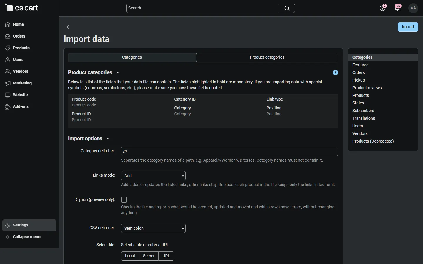 Import data > Product categories: Add or Replace mode.